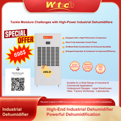 عرض خاص محدود لـ 240 لتر / يوم مكفف رطوبة صناعي للمساحات الكبيرة ضوضاء منخفضة تصريف مستمر لمصنع / مختبرات غرفة